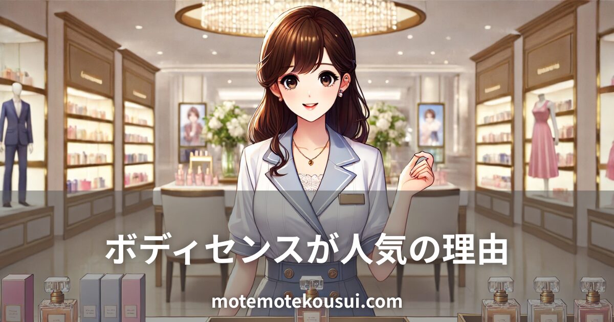 高級感のあるショップで香水を紹介する女性イラスト。ボディセンスが人気の理由を解説する記事のイメージ。