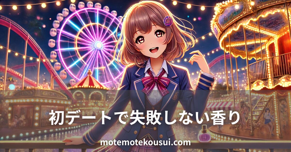 夜の遊園地で微笑む女性のイラスト。観覧車やメリーゴーランドを背景に、初デートで失敗しない香水選びをイメージしている。