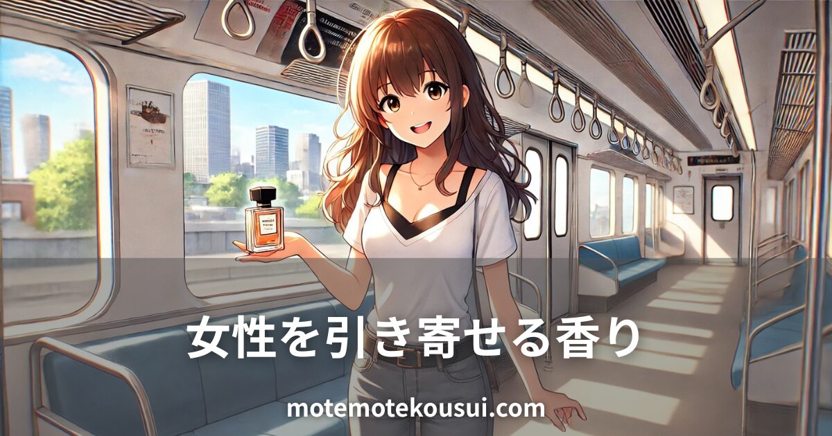 女性を引き寄せる香りをイメージしたイラスト。電車内で香水を持つ笑顔の女性の姿。