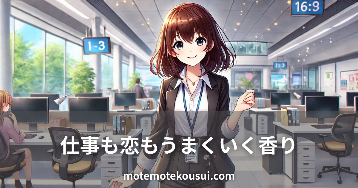 仕事も恋もうまくいく香りをイメージしたイラスト。オフィスで笑顔の女性が香水を持っている様子。