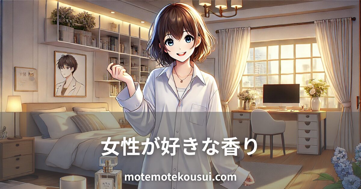 女性が好む香りをテーマにした記事用イメージ。明るい部屋で笑顔の女性が香水を手にしている様子。