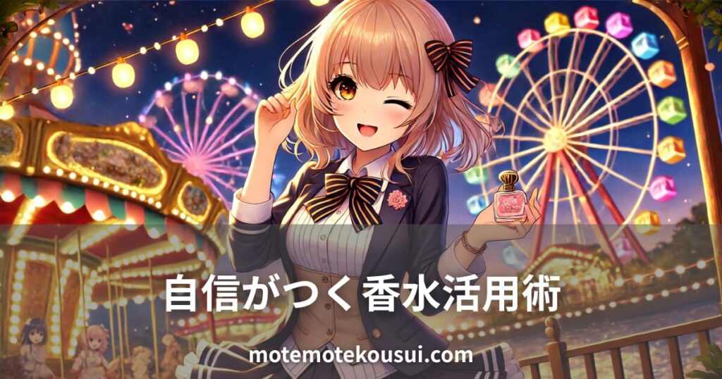 夜の遊園地で香水を手に持ちウィンクする女性のイラスト。観覧車やイルミネーションを背景に、自信を高める香水活用法を表現している。