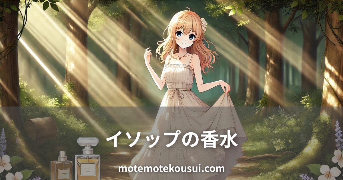 森の光の中で立つ女性とイソップの香水ボトル。自然を感じるAesopの人気フレグランスを表現したイメージ。
