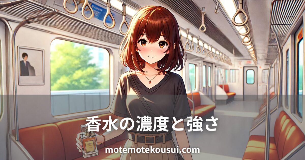 香水の濃度と強さの違いをイメージしたイラスト。電車内で香水ボトルを持つ女性。