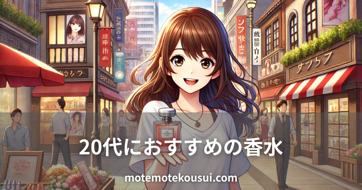 賑やかな商店街で香水ボトルを持ち、笑顔を見せる女性のイラスト。20代男性におすすめの香水を紹介する記事用のイメージ。
