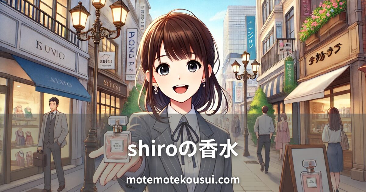 shiroの香水を紹介する記事用イメージ。街中でスーツ姿の女性が香水ボトルを手に持ち笑顔でおすすめしているイラスト。