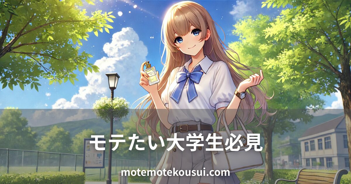 モテたい大学生におすすめの香水をイメージしたイラスト。夏のキャンパス風景を背景に、リボン付きの制服を着た女子学生が香水ボトルを持って微笑んでいる。